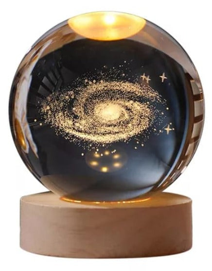Lámpara de Cristal 3D Galaxy Sphere: Arte Celestial con Base de Madera y Grabado Láser