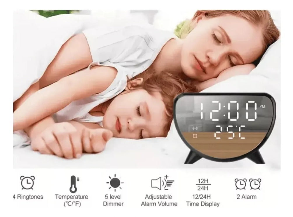 Reloj Despertador Digital Premium con Carga Inalámbrica 15W - Madera & LED