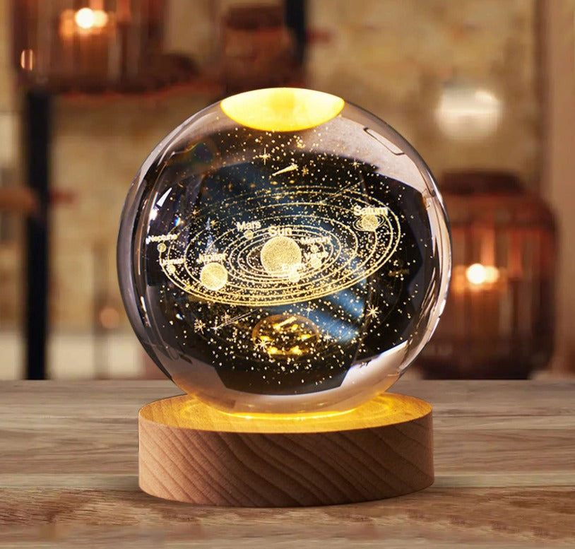 Lámpara de Cristal 3D Galaxy Sphere: Arte Celestial con Base de Madera y Grabado Láser