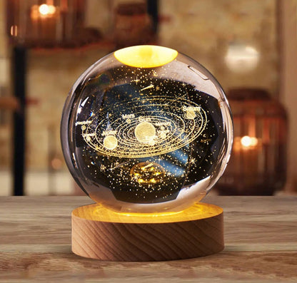Lámpara de Cristal 3D Galaxy Sphere: Arte Celestial con Base de Madera y Grabado Láser