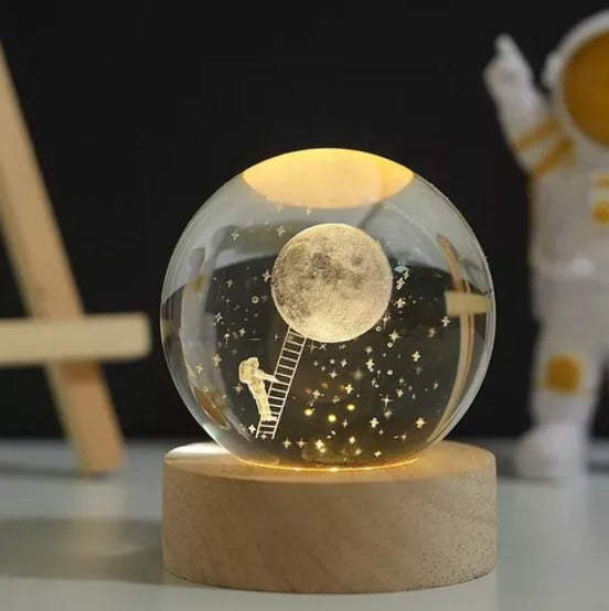 Lámpara de Cristal 3D Galaxy Sphere: Arte Celestial con Base de Madera y Grabado Láser