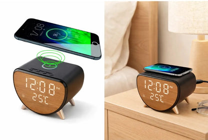 Reloj Despertador Digital Premium con Carga Inalámbrica 15W - Madera & LED