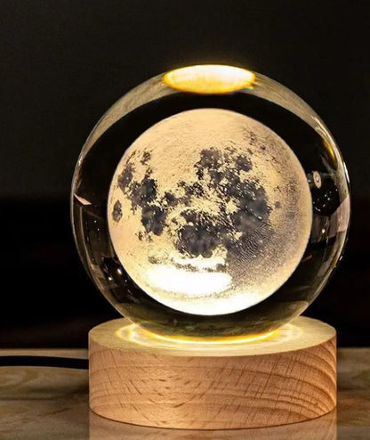 Lámpara de Cristal 3D Galaxy Sphere: Arte Celestial con Base de Madera y Grabado Láser