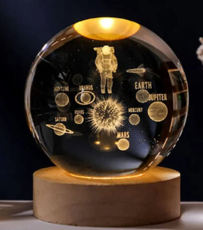 Lámpara de Cristal 3D Galaxy Sphere: Arte Celestial con Base de Madera y Grabado Láser
