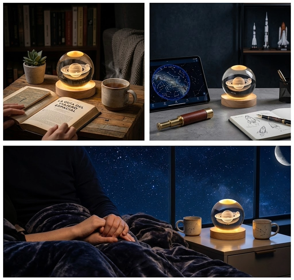 Lámpara de Cristal 3D Galaxy Sphere: Arte Celestial con Base de Madera y Grabado Láser
