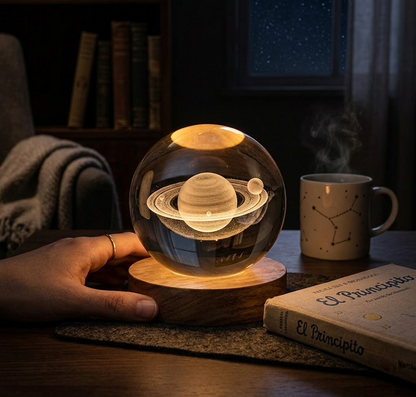 Lámpara de Cristal 3D Galaxy Sphere: Arte Celestial con Base de Madera y Grabado Láser