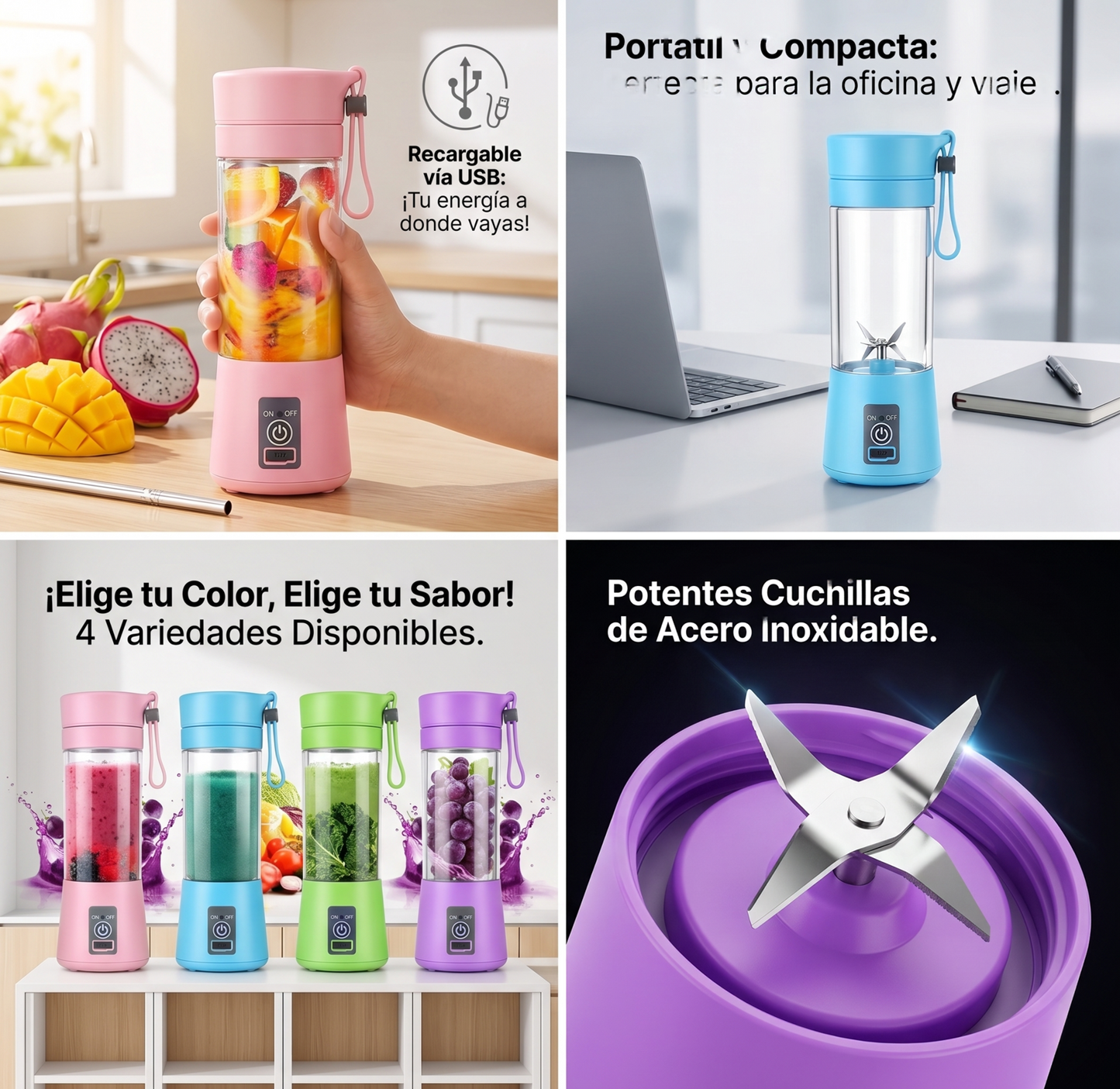 Licuadora Portátil Recargable USB (380 ml) Batidos Frescos Donde Quiera que Vayas